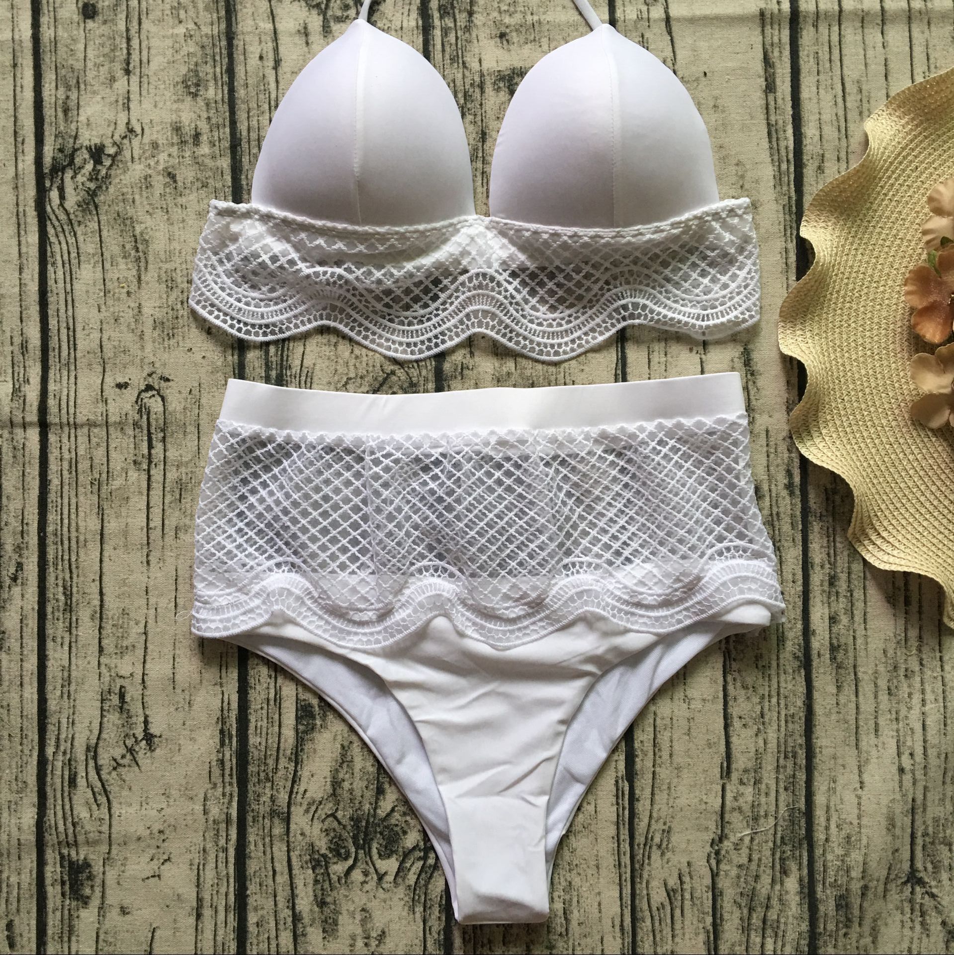 F4665-2White Scalloped Lace High Waisted Bikini Swimsuit Two Piece Set